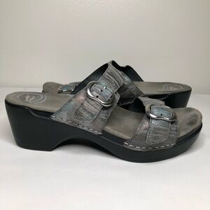 Dansko Gray Leather Buckle Sandal Mules
